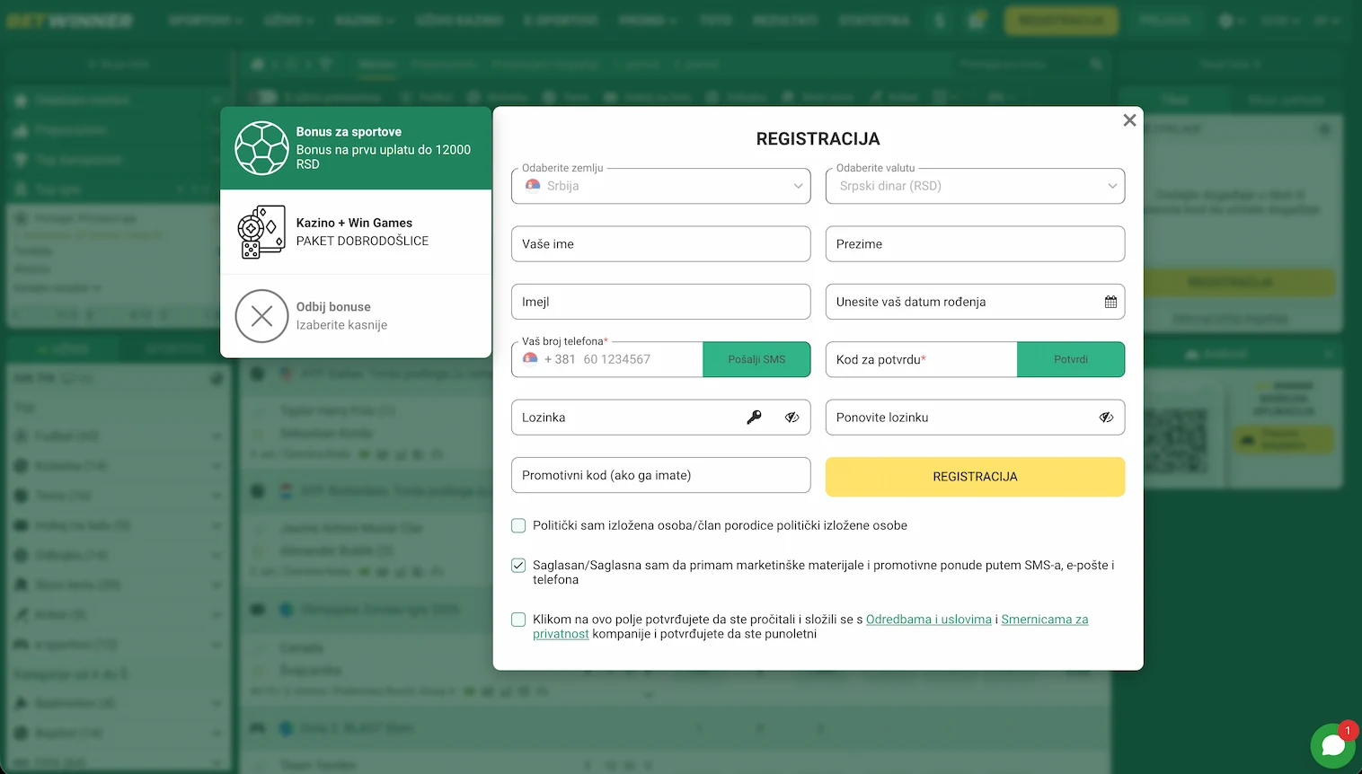 BetWinner registracija
