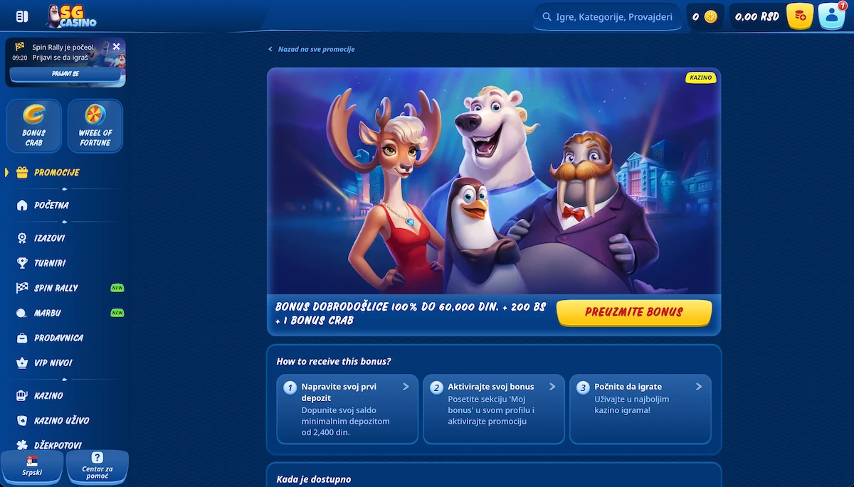 SG Casino bonus dobrodošlice
