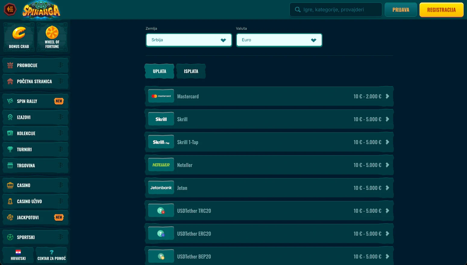 Spinanga vrste uplata