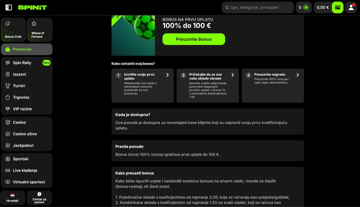 Spinit sportski bonus dobrodošlice