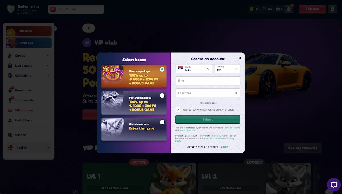 SafeCasino registracija