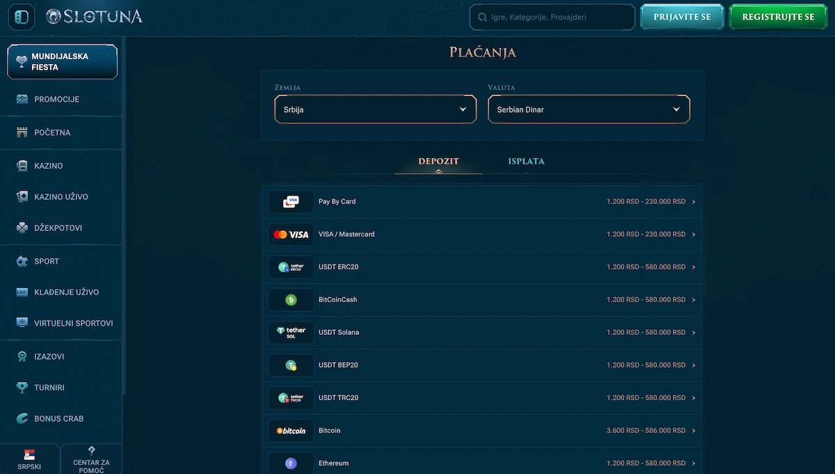 Slotuna Metode uplata i isplata