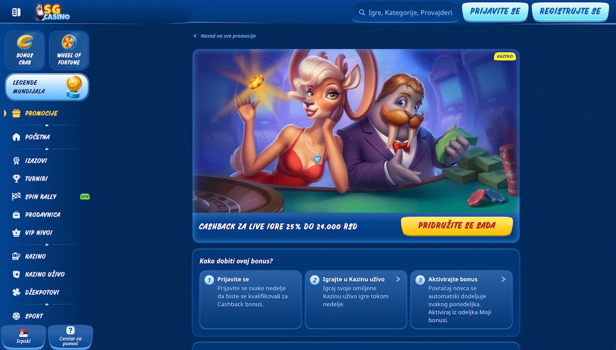 SG casino live cashback